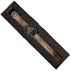 Top-down view of the 1980s British Airman-style quartz watch presented inside its sleek black collector's box.