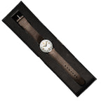Eaglemoss 1940s Canadian pilot watch resting securely inside its black presentation box, angled view.