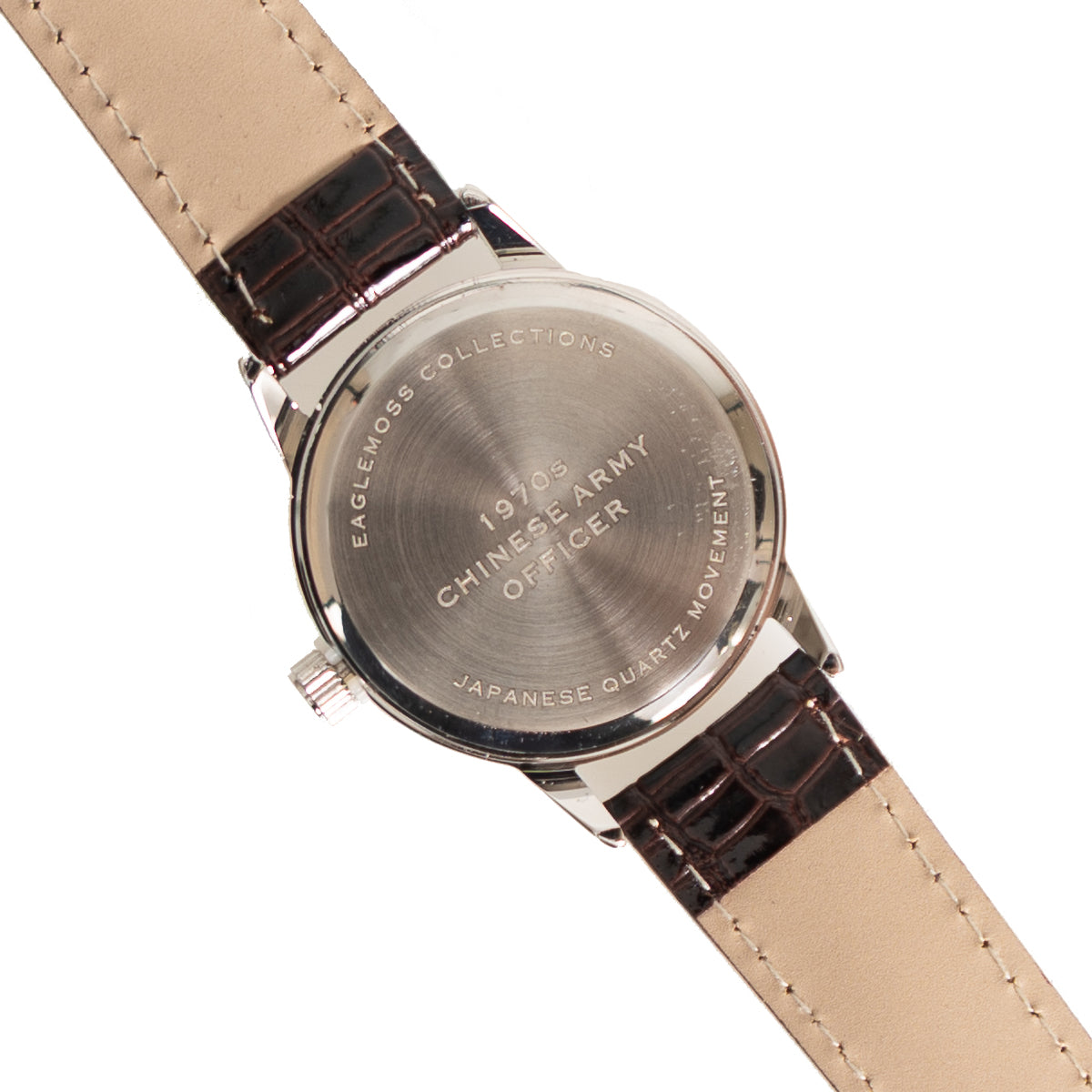 Reverse view of the 1970s Chinese Army Officer watch showing the stainless steel case back with commemorative military engravings.