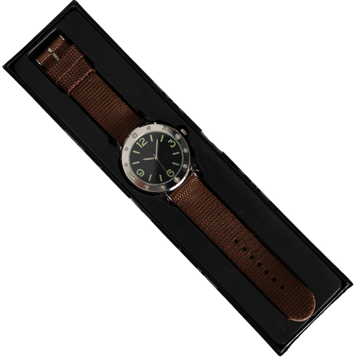 Eaglemoss 1950s Egyptian Naval Commando watch presented in a black protective storage tray, highlighting the 46mm case and canvas band.