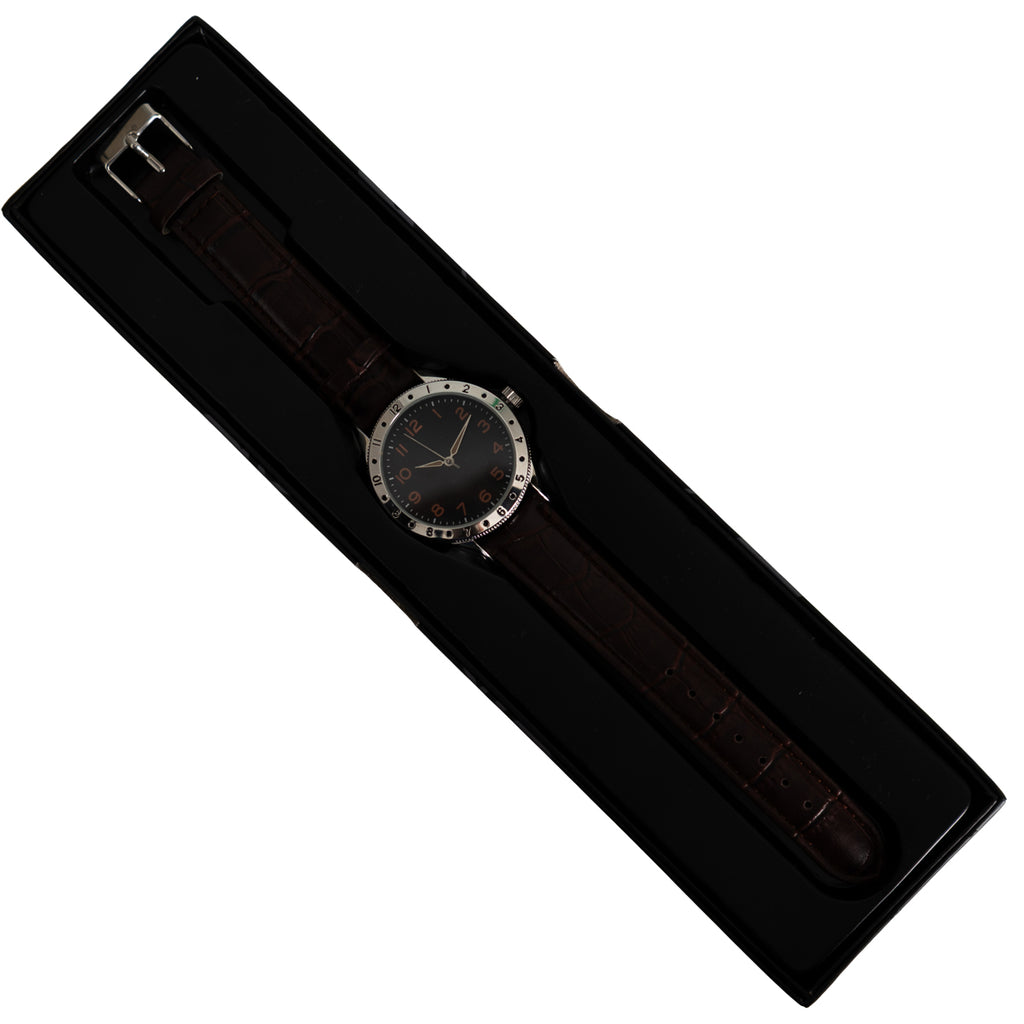 Eaglemoss 1960s French Naval Pilot watch inside its original black display box packaging, highlighting the complete collector set presentation.