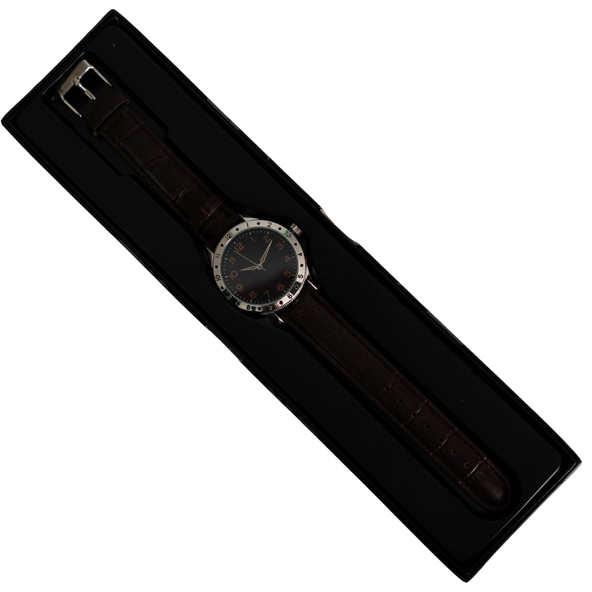 Eaglemoss 1960s French Naval Pilot watch inside its original black display box packaging, highlighting the complete collector set presentation.