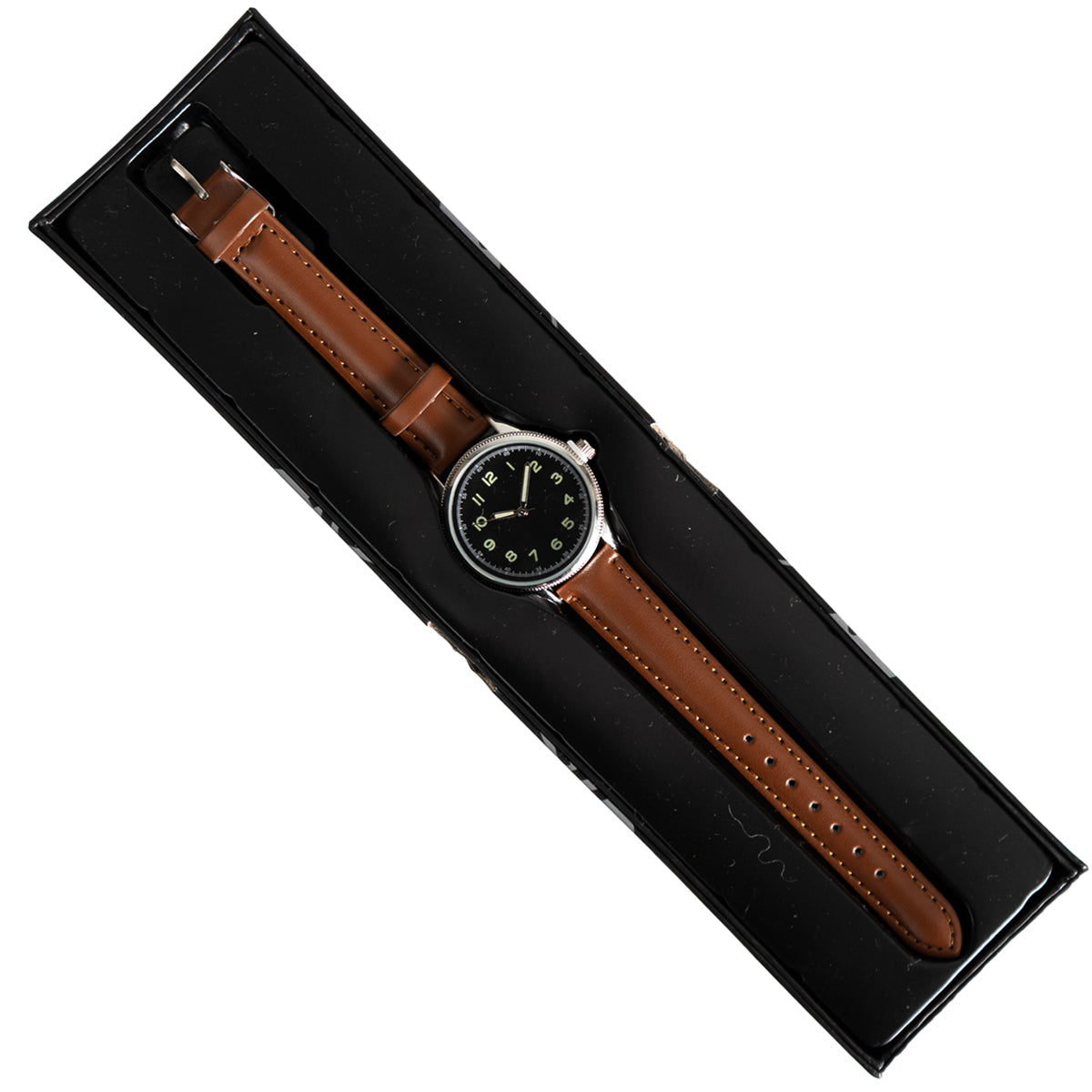 Top-down view of the 1950s style military watch presented in a black protective collector display box.
