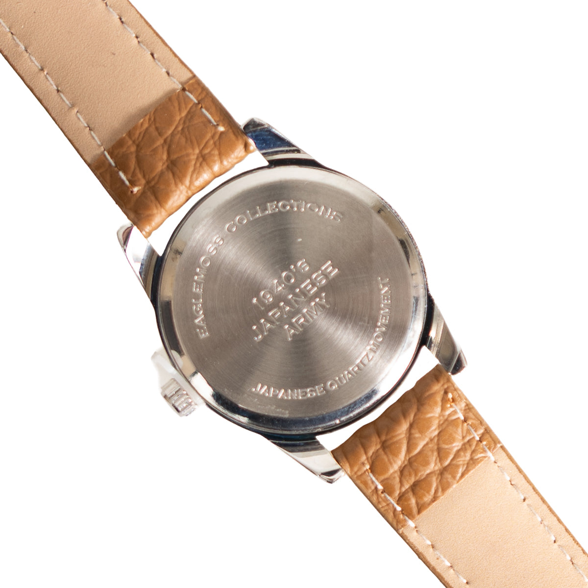 Close-up of the stainless steel watch case back engraved with 1940s Japanese Army, Eaglemoss Collections, and Japanese quartz movement details.