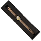 Vintage-style pilot watch presented in a black foam-lined display box, showcasing the compact 28mm case and canvas strap.