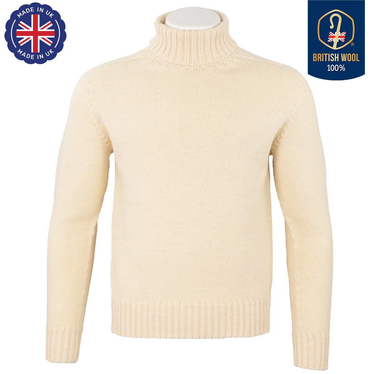 Cream white British wool submariner jumper with ribbed cuffs and hem, featuring authentic branding.