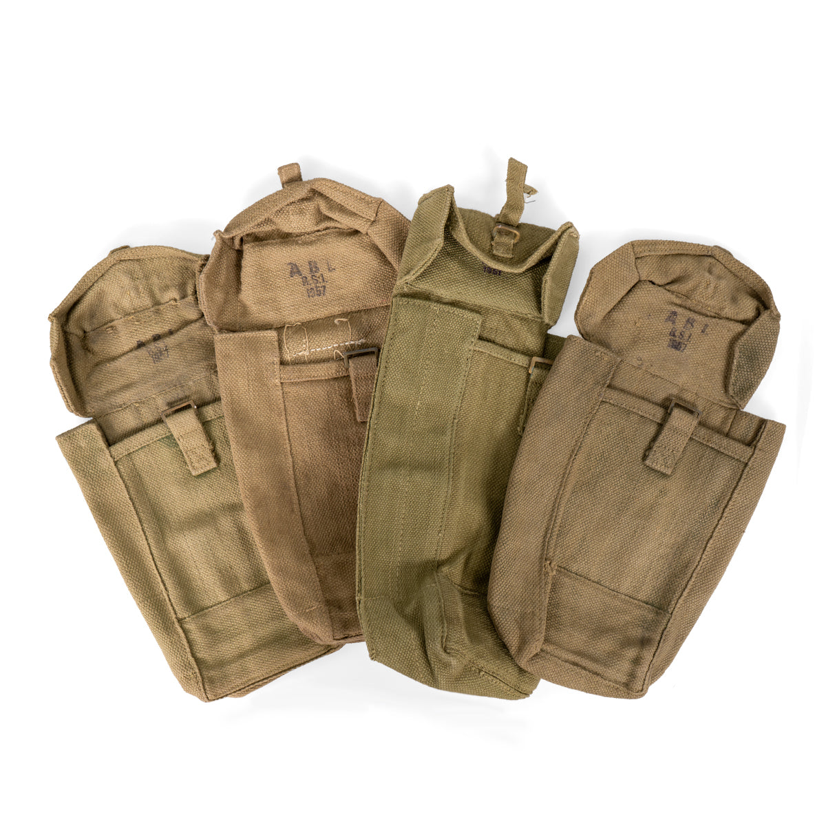 Group of four original Belgian Army pouches with varied shades of khaki and visible ABL stamps, showcasing authentic military wear.