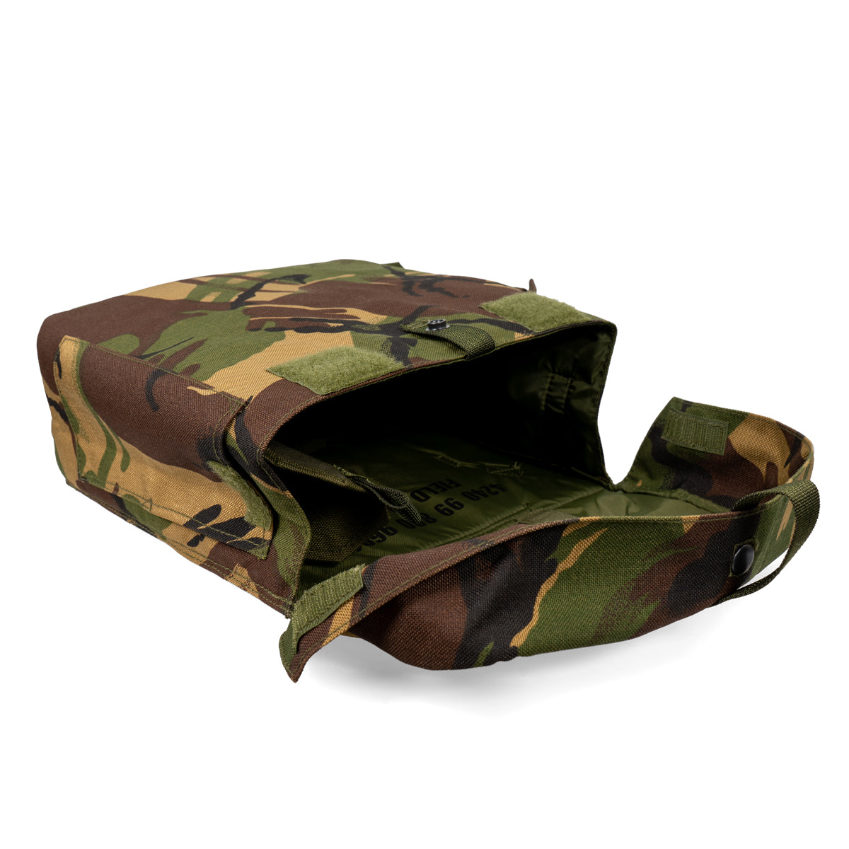 Top-down view of the British respirator bag with the dual-closure flap open to reveal the rubberised waterproof lining.