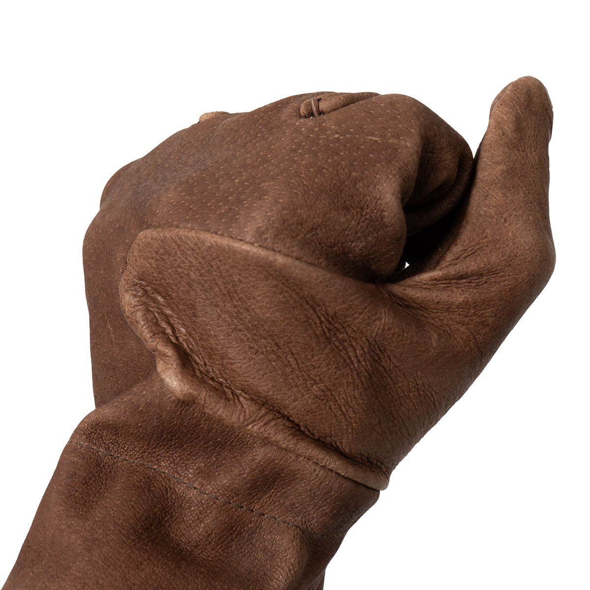 Side profile of a Czech Army leather glove worn on a hand, demonstrating flexibility and the protective extended cuff design.