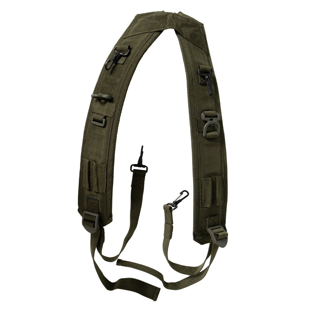Green tactical strap with multiple buckles on a white background