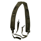 Green tactical strap with multiple buckles on a white background