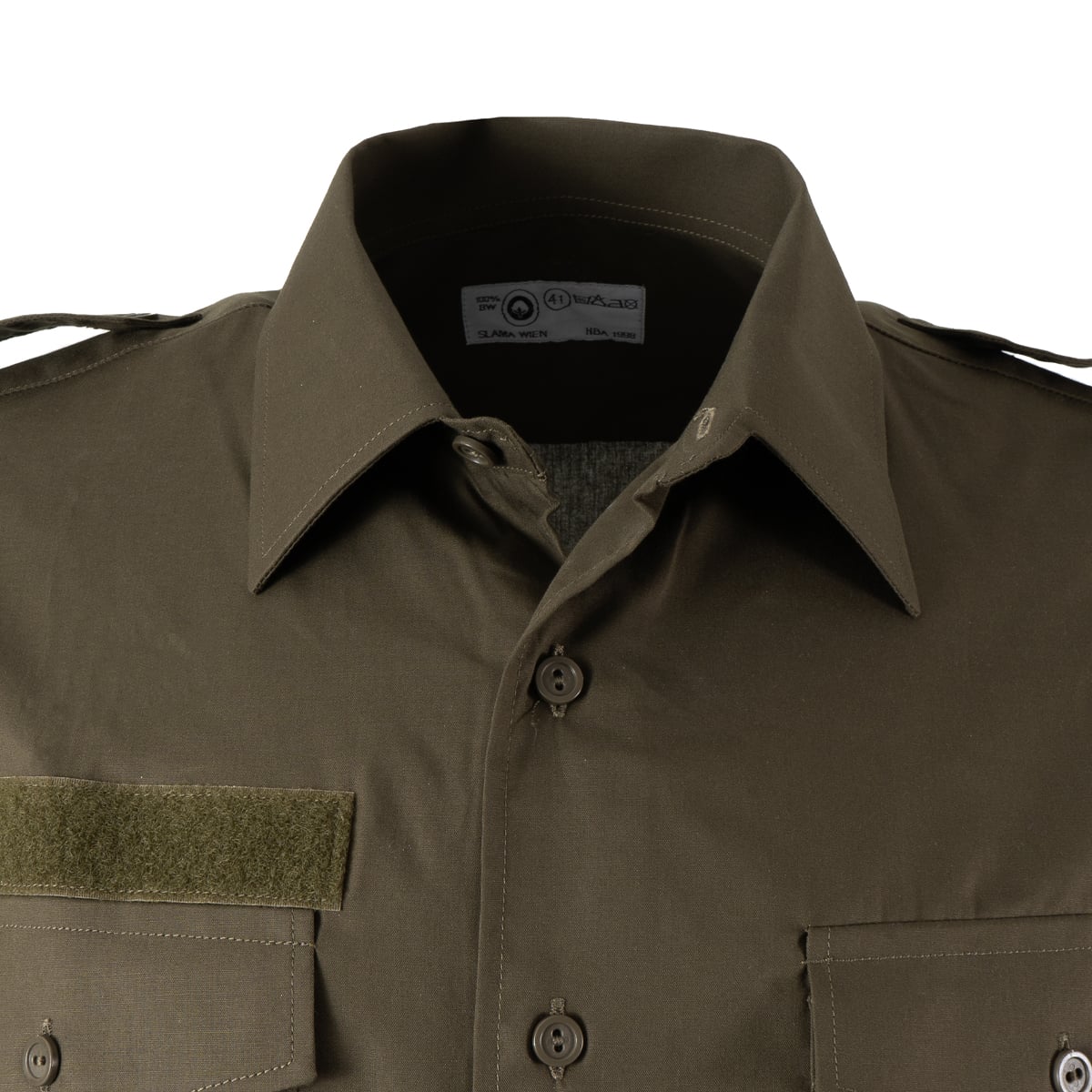 Close-up of the collar and neck label of the Austrian Army cotton shirt, showing contract details by Slama Wien and size tag.