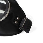 Close-up detail of the side strap attachment and durable rubber frame on original vintage German military goggles.