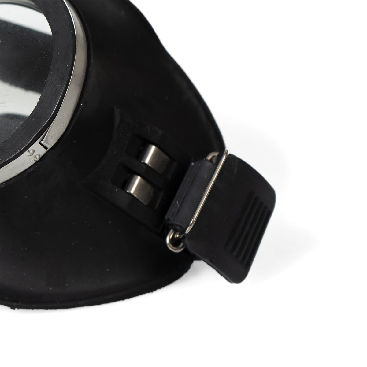 Close-up detail of the side strap attachment and durable rubber frame on original vintage German military goggles.