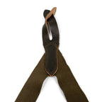 Rear Y-back junction of original BW braces featuring reinforced dark brown leather stitching and heavy-duty olive elasticated webbing.