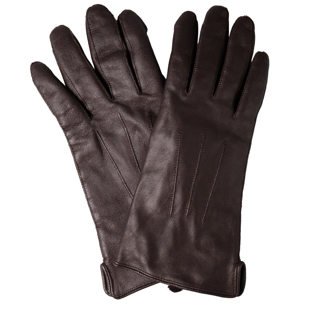Top view of a pair of vintage Dutch Army leather gloves, demonstrating the sleek, authentic military aesthetic.