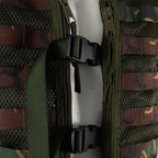 Close-up of the front tactical vest showing durable zipper closures and adjustable plastic buckle straps.