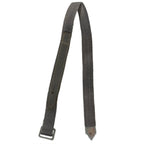 Original East German NVA grey Dederon utility strap with a Lederol synthetic leather tab, steel buckle, and pointed metal end.