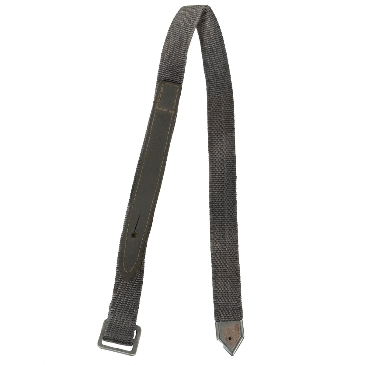 Original East German NVA grey Dederon utility strap with a Lederol synthetic leather tab, steel buckle, and pointed metal end.