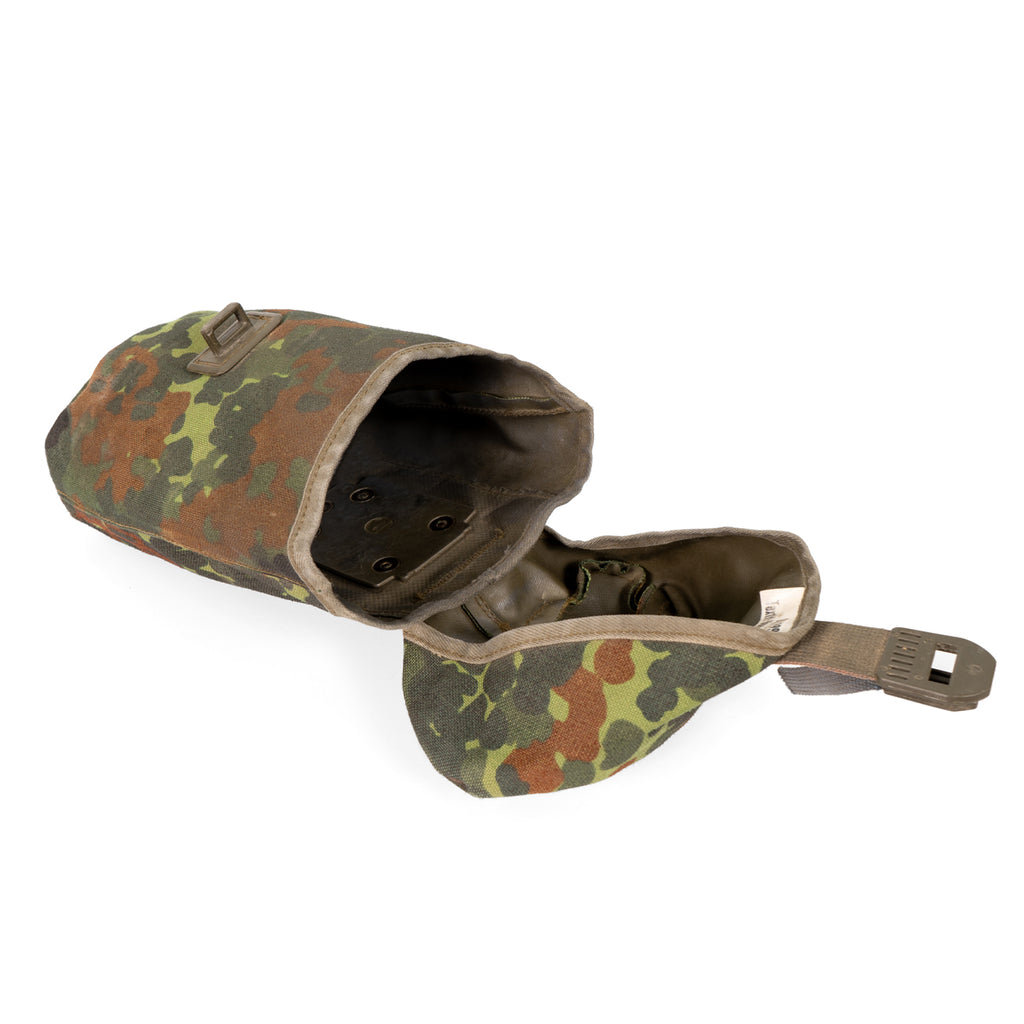 A side-profile view of the surplus canteen pouch with the flap open, revealing the spacious interior and internal construction details.