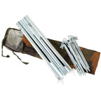 Hungarian army surplus Zeltbahn tent pole set with galvanised steel pegs and a M49/82 tricolour camouflage carry pouch.