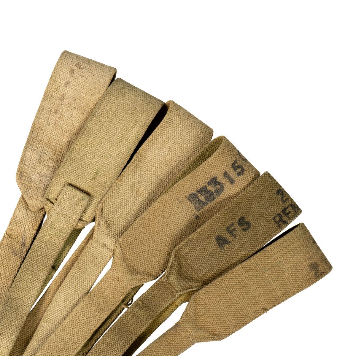Close-up of khaki 37 Pattern cross straps, showing clear numerical markings on the durable canvas webbing.