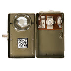 Interior view of a Swiss Army pocket lamp showing the battery compartment, bulb housing, and internal QR code sticker.