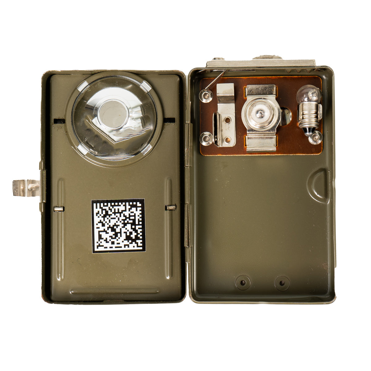 Interior view of a Swiss Army pocket lamp showing the battery compartment, bulb housing, and internal QR code sticker.