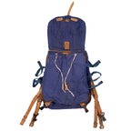 Open view of the blue Romanian military rucksack displaying the drawstring main compartment closure and robust leather harness system.