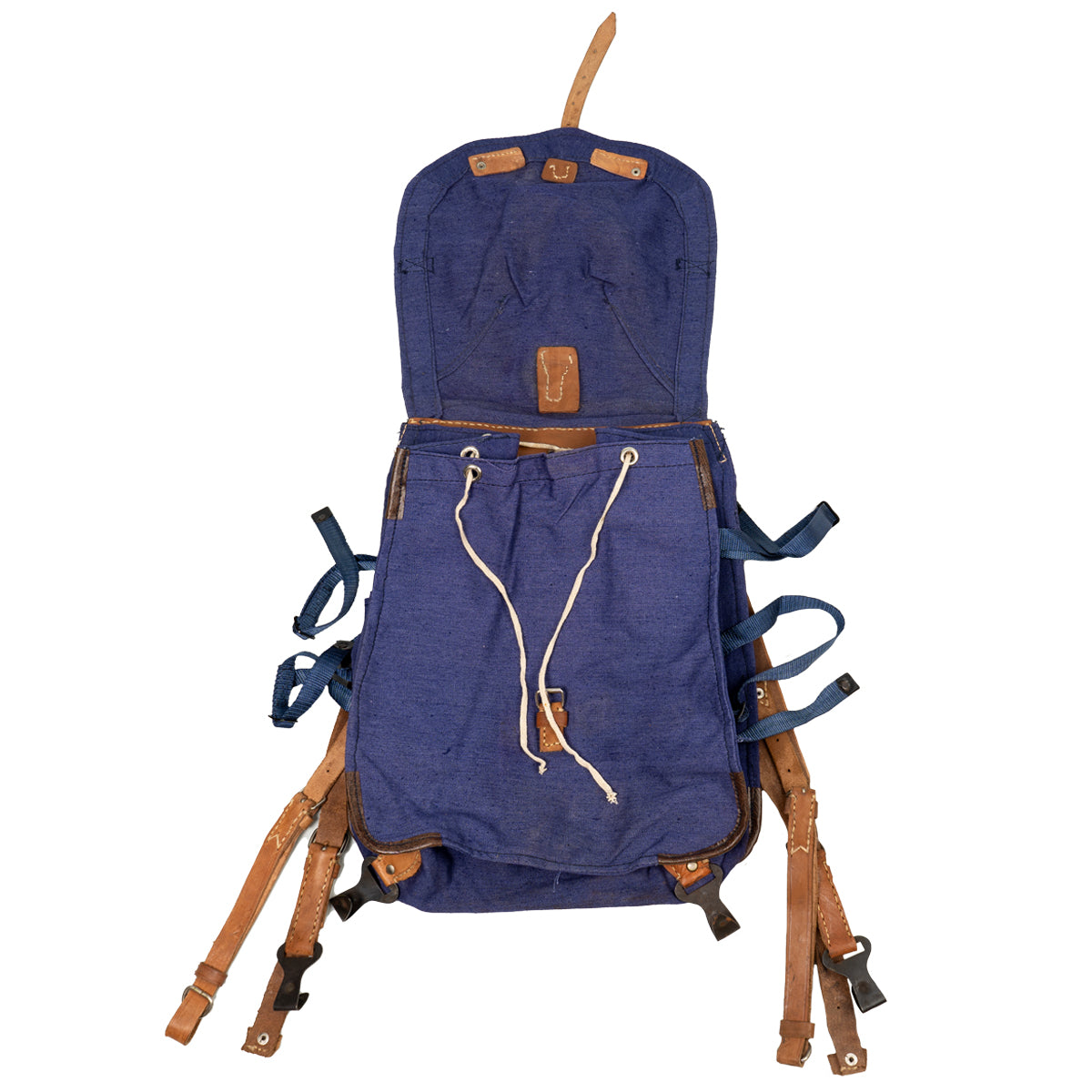 Open view of the blue Romanian military rucksack displaying the drawstring main compartment closure and robust leather harness system.