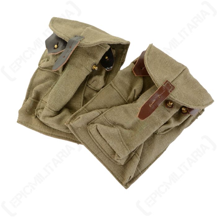 Two original Russian Army AK74 canvas pouches displaying authentic surplus color and leather variations