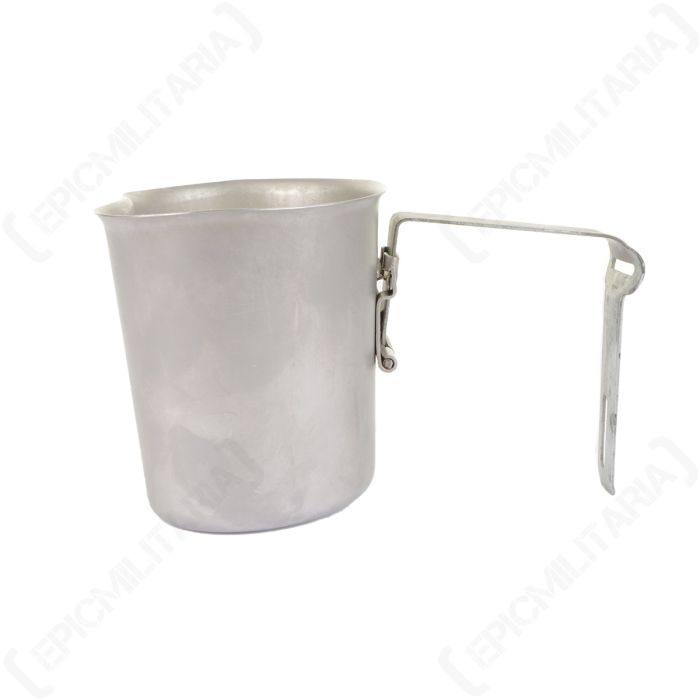 Belgian military surplus canteen cup with L-shaped handle unfolded
