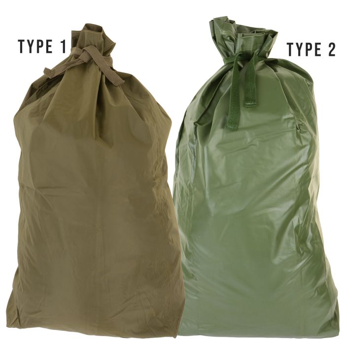 Comparison of Type 1 nylon and Type 2 rubberised Belgian Army duffel bags in olive drab