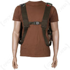 Front view on a mannequin showing the modified dark olive green shoulder straps and plastic chest buckle of the Swiss M70 pack.