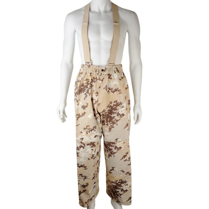 Front view of mannequin wearing Original Italian Army desert camo overtrousers with wide suspenders