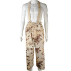 Front view of mannequin wearing Original Italian Army desert camo overtrousers with wide suspenders
