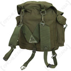 Rear view of olive green Bundeswehr rucksack showing attached carrying harness and adjustable shoulder straps