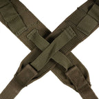 Close-up of the crossed strap X-junction on the back of WWII US Army M1944 load-bearing suspenders.