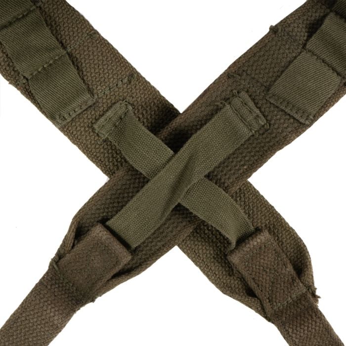 Close-up of the crossed strap X-junction on the back of WWII US Army M1944 load-bearing suspenders.