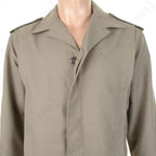 Detail of collar notched lapels and button front on French grey Ike jacket