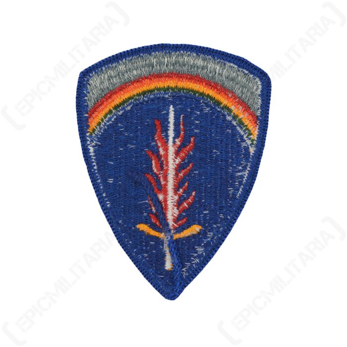 Reverse side of the US Army Europe shoulder patch displaying white bobbin threading and textile back.