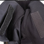 Close-up of hook-and-loop pocket closure and dark blue fabric texture on German fire service jacket