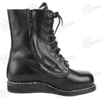 Inner side profile of black German flight boot highlighting the heavy-duty diagonal side zipper