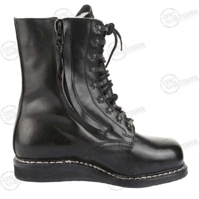 Inner side profile of black German flight boot highlighting the heavy-duty diagonal side zipper