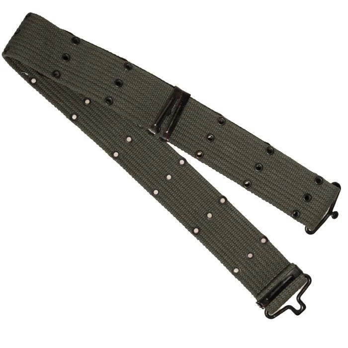 Flat view of the Greek Army M56 olive green canvas pistol belt showing double eyelet rows and metal hook buckle