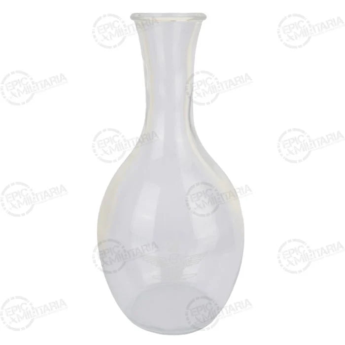 Front view of empty clear glass Italian Air Force water carafe