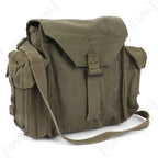 Original South African SADF 70 Pattern Small Pack in olive canvas front three quarter view with shoulder strap