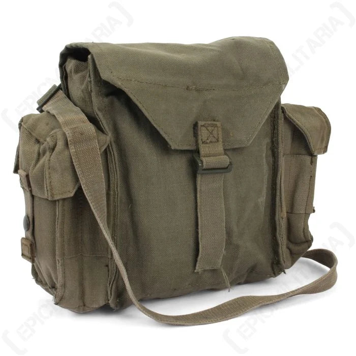 Original South African SADF 70 Pattern Small Pack in olive canvas front three quarter view with shoulder strap
