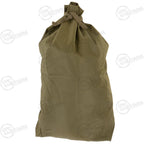 Front view of filled Type 1 olive drab Belgian Army nylon duffel bag tied at top