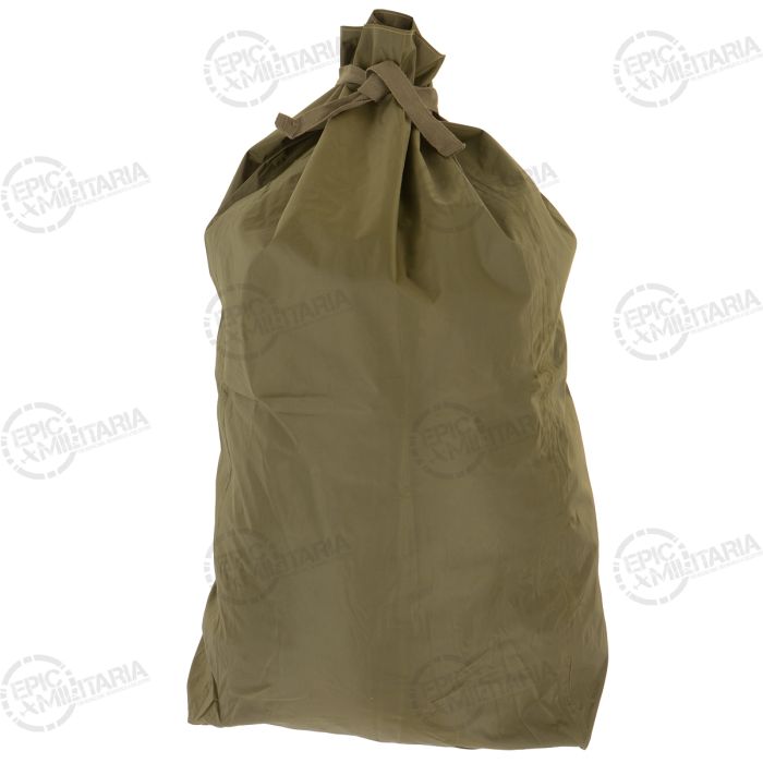 Front view of filled Type 1 olive drab Belgian Army nylon duffel bag tied at top